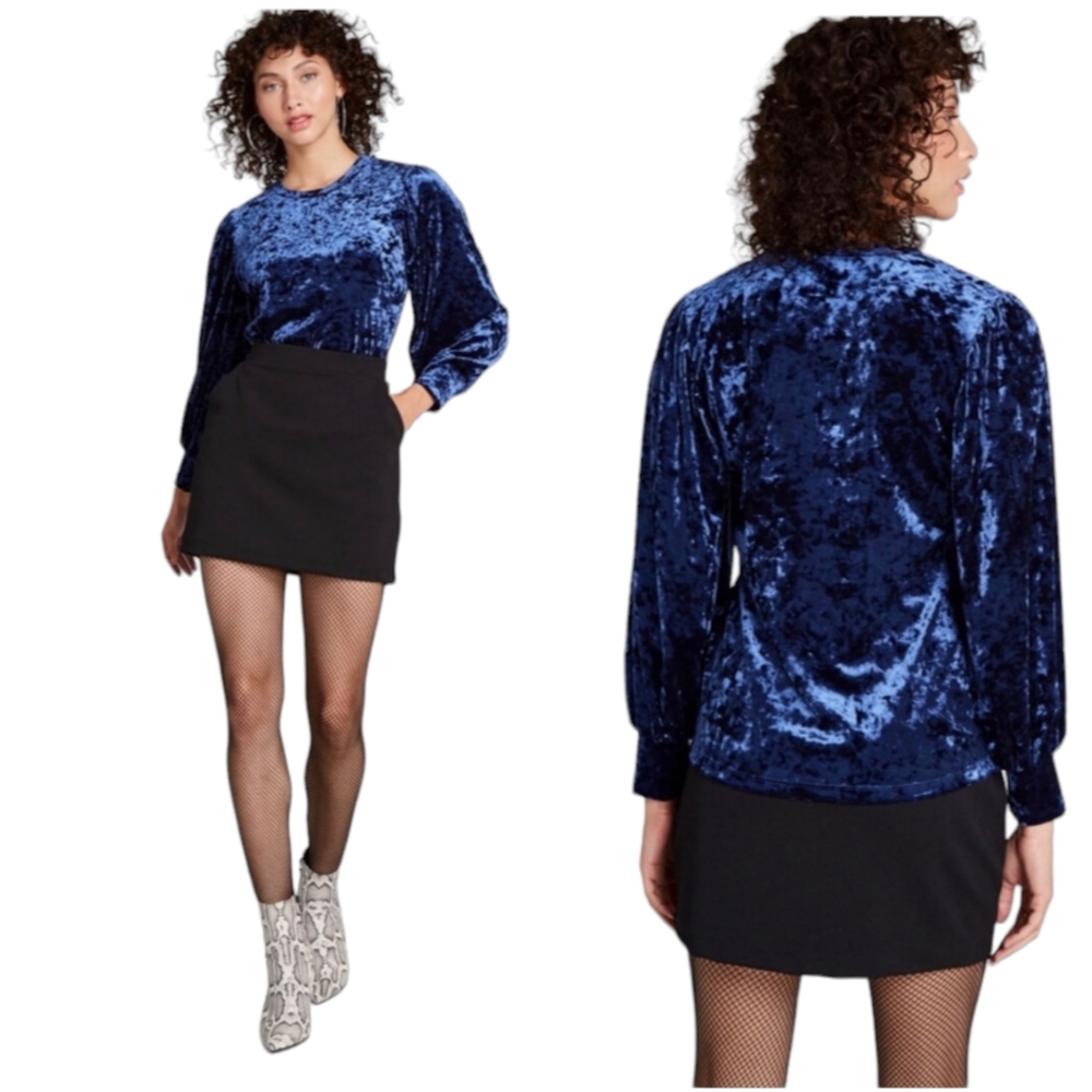 Modcloth Blue Crushed Velvet Blouse Top Size XL